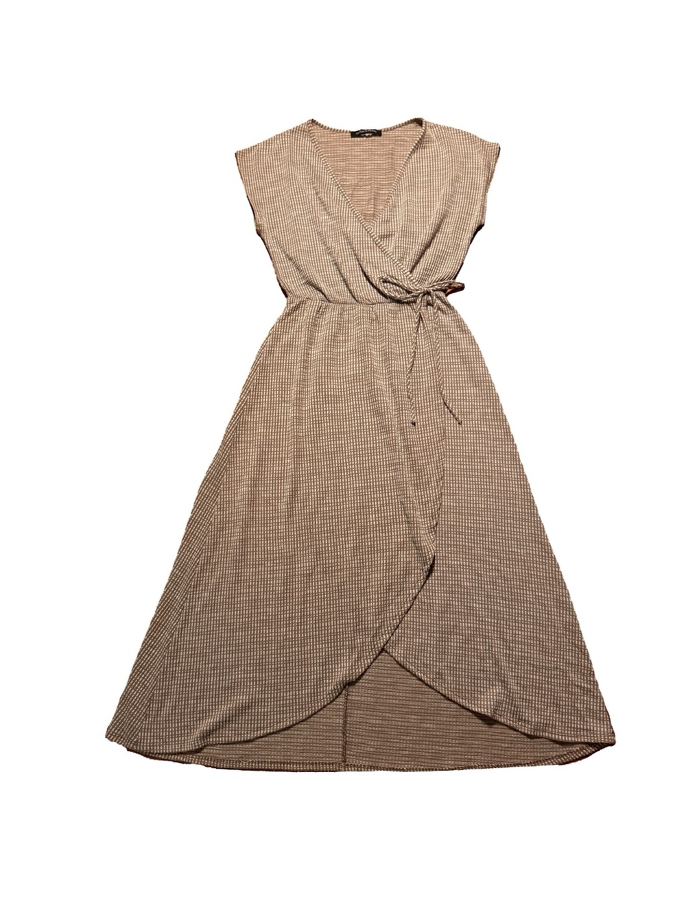Caution To The Wind Beige and White Faux Wrap Midi Summer Dress
